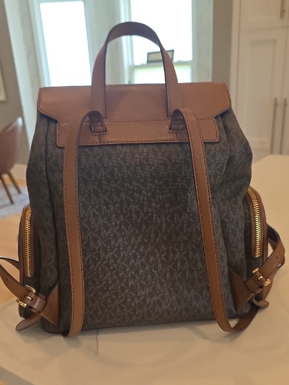Michael Kors Brown Logo Backpack with Gold Chain Accent - Picture 3 of 5